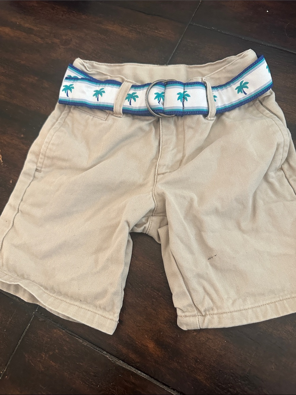 Janie and Jack Tan Shorts with White & Teal Palm-Print Belt